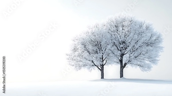 Fototapeta Two snow covered trees in a minimalist winter landscape with white snowy background