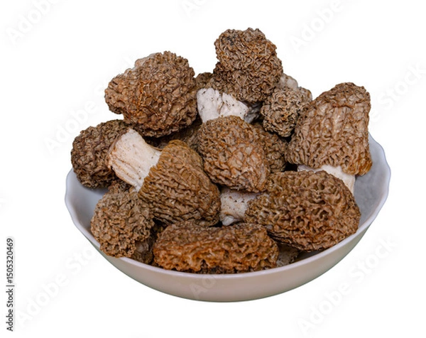 Fototapeta Fresh morel mushrooms in a bowl isolated on transparent background, These gourmet wild mushrooms are prized for their rich flavor and unique honeycomb appearance.
