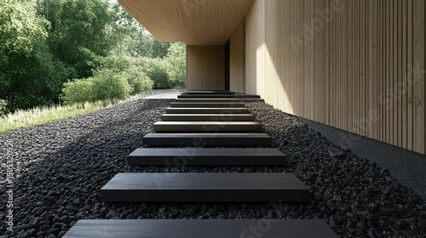 Fototapeta Modern minimalist home exterior; dark stone path leads to wooden structure, nestled in lush greenery