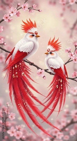 Obraz Exotic bird couple amidst ethereal blossom tree with radiant feathers