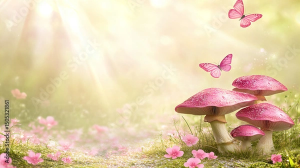 Obraz Glittering pink mushrooms and butterflies in an ethereal meadow with soft light rays, floral ground cover and magical fantasy ambiance

