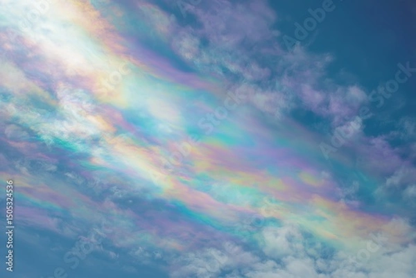 Fototapeta Iridescent cloud in blue sky, rare atmospheric phenomenon with pastel rainbow colors and sunlight diffraction in cirrus clouds