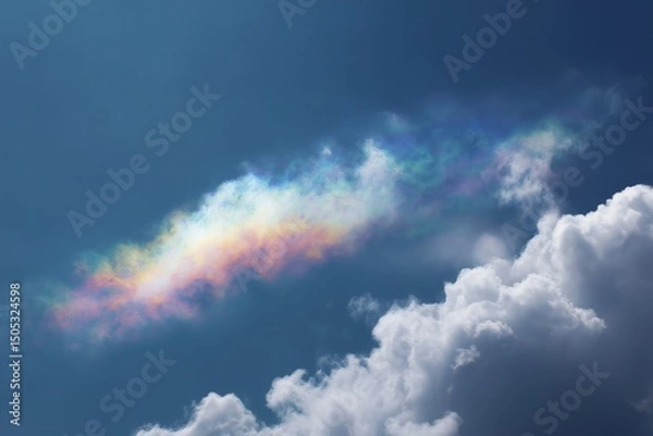 Fototapeta Iridescent cloud with rainbow colors in blue sky, atmospheric optical phenomenon showing light diffraction and weather beauty