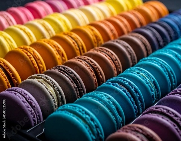 Fototapeta Close-up of vibrant, multicolored macarons arranged in perfect rows, showcasing a variety of flavors and bold hues.