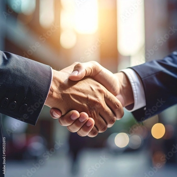 Fototapeta Two businessmen shaking hands in a city setting with warm sunlight, symbolizing agreement, partnership, and successful collaboration.