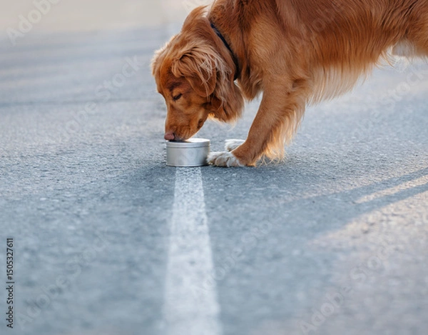 Obraz Nova Scotia Duck Tolling Retriever, Toller, intently sniffs metal can during nosework exercise, showcasing focused determination on sunlit road. Joyful K9 scent training moment, light and dynamic