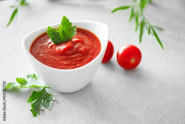 Fototapeta Tomato sauce, Homemade tomato paste in a white bowl and fresh ingredients on a grey table. Ketchup, Red sauce for pizza or pasta made from fresh bio tomatoes 
