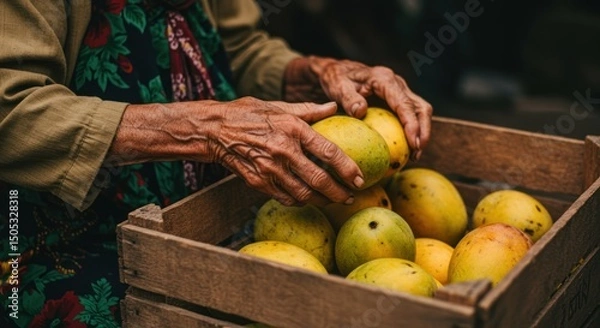 Obraz An elderly woman's hands carefully handling ripe mangoes in a wooden crate