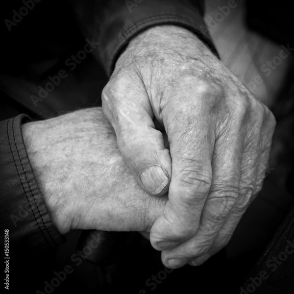 Obraz Wrinkled hands of an old man. Black and white photo.