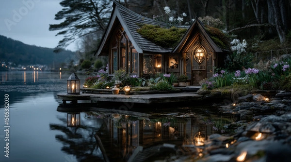 Fototapeta Tiny fairytale gnome magic house made of wood with grass covered roof, little door and window, and hanging lantern. Cartoon vector small fantastic elf or dwarf hut with on shore of lake in forest.