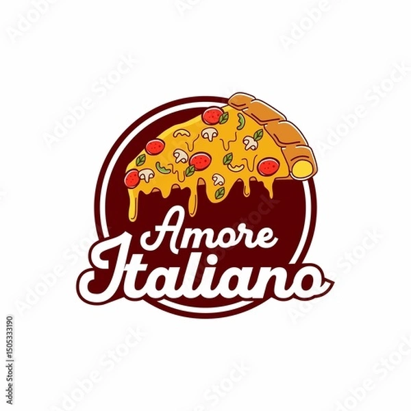 Fototapeta This logo features a delicious slice of pizza with melted cheese, pepperoni, mushrooms, bell peppers, and basil leaves, placed over a round dark red background. 