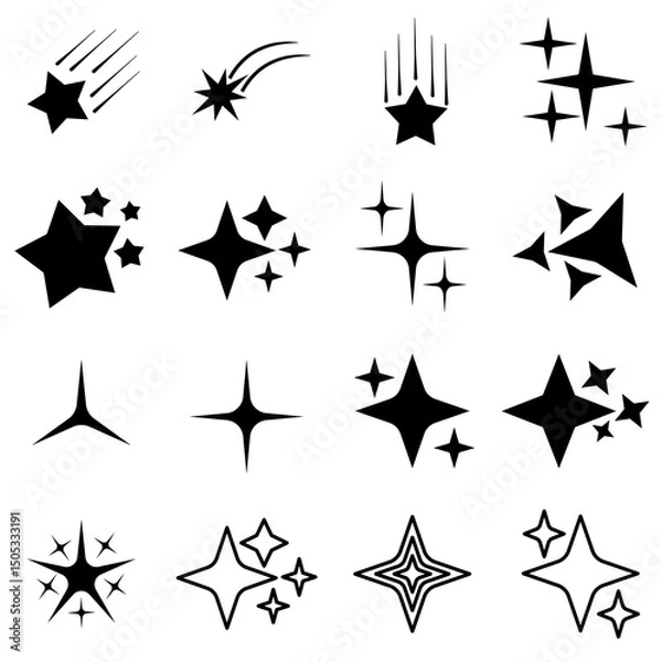 Fototapeta Retro futuristic sparkle icons collection. Set of star shapes. Abstract cool shine effect sign vector with transparent background