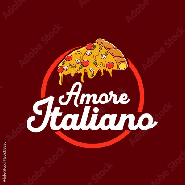 Fototapeta This logo features a delicious slice of pizza with melted cheese, pepperoni, mushrooms, bell peppers, and basil leaves, placed over a round dark red background. 