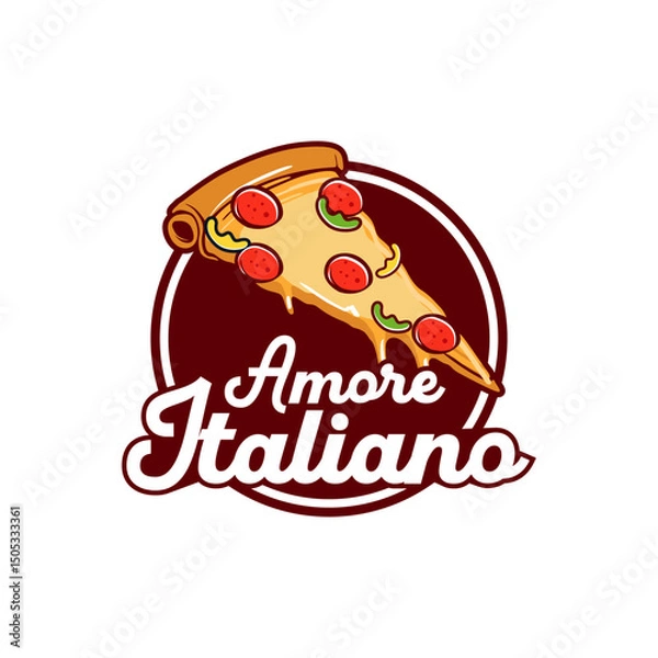 Fototapeta This logo features a delicious slice of pizza with melted cheese, pepperoni, mushrooms, bell peppers, and basil leaves, placed over a round dark red background. 