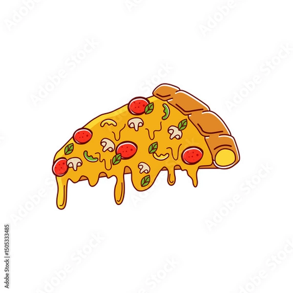 Fototapeta This logo features a delicious slice of pizza with melted cheese, pepperoni, mushrooms, bell peppers, and basil leaves, placed over a round dark red background. 