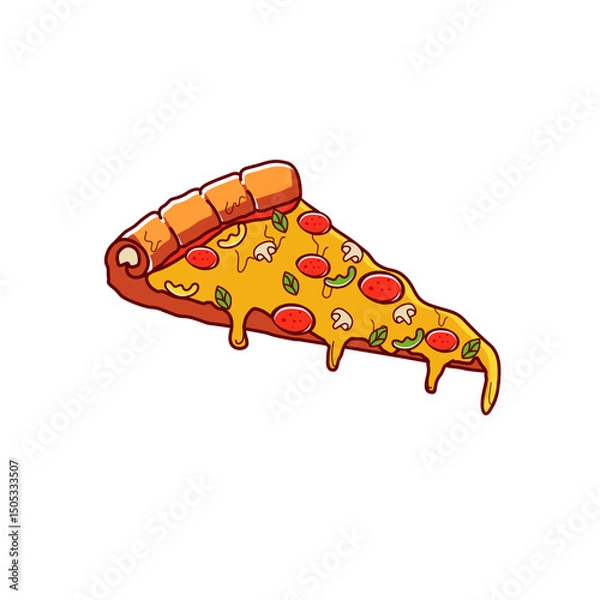 Fototapeta This logo features a delicious slice of pizza with melted cheese, pepperoni, mushrooms, bell peppers, and basil leaves, placed over a round dark red background. 