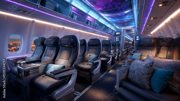 Fototapeta Empty airplane interior, plane salon with chairs and folding back seat tables. Vector cartoon cabin of passenger carriage transport with comfortable seats and foldable tray desk