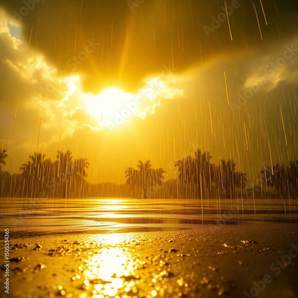 Fototapeta Ethereal Golden Rainscape – Cinematic Scene of Magical Rainfall with Glowing Puddles and Sunlit Clouds