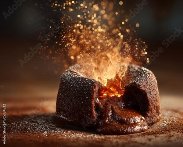 Fototapeta Hyperreal Food Photography of a chocolate lava cake erupting, close-up with flowing texture and molten richness
