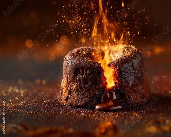 Fototapeta Hyperreal Food Photography of a chocolate lava cake erupting, close-up with flowing texture and molten richness