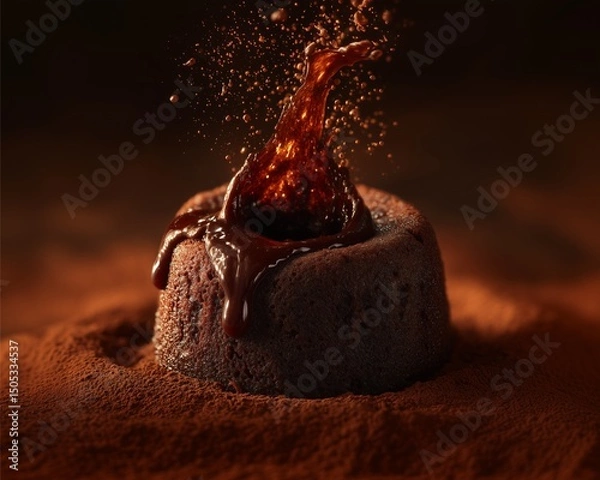 Fototapeta Hyperreal Food Photography of a chocolate lava cake erupting, close-up with flowing texture and molten richness