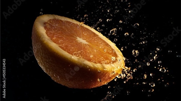 Fototapeta Hyperreal Food Photography of a glistening citrus fruit sliced open with juice droplets frozen mid-air cinematic lighting with dramatic shadows on dark background
