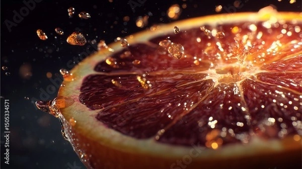 Fototapeta Hyperreal Food Photography of a glistening citrus fruit sliced open with juice droplets frozen mid-air cinematic lighting with dramatic shadows on dark background