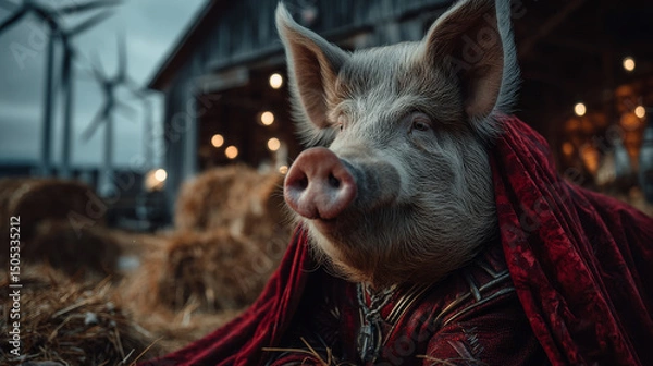 Fototapeta Pig superhero in red costume with cape and mask standing on farm field. Vector cartoon illustration of rural landscape with hay bales, barn, wind turbines and cute piggy character in super hero suit