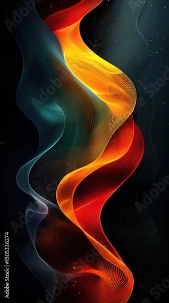 Fototapeta Minimalist design with three glowing lines in red, green, and yellow on a black background, subtly undulating to create an abstract visual rhythm that evokes emotions like calmness, energy.