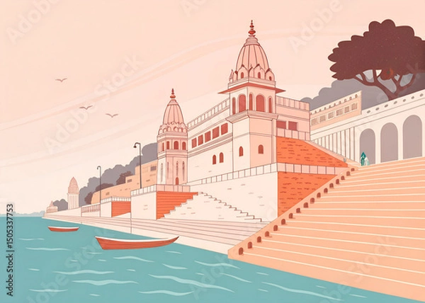 Fototapeta minimalist vector of Varanasi’s ghats GENERATIVE AI