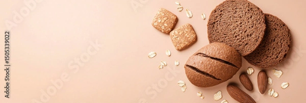 Fototapeta Variety of breads and crackers on light background, copy space