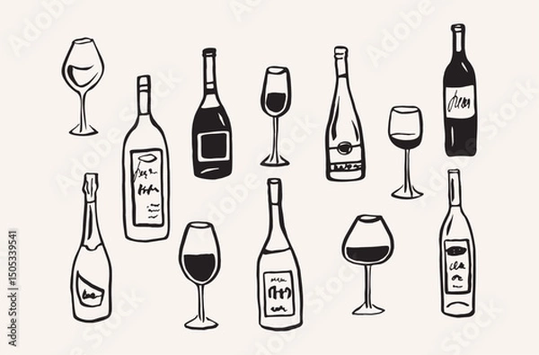 Obraz Hand drawn wine bottles and glasses