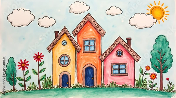 Fototapeta house, flower, tree, cloud, sky,generative ai