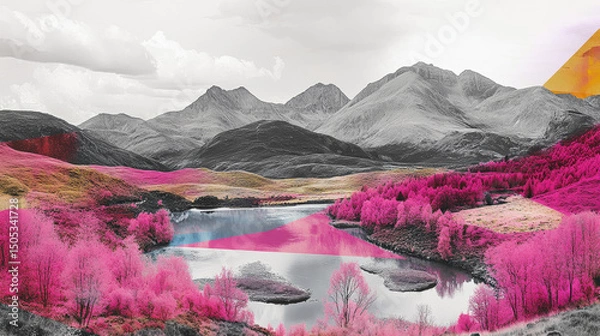 Obraz Surreal infrared alpine landscape with vivid pink trees, reflective mountain lake, snowy peaks, and bright cloudy sky — dreamlike nature scenery in enhanced color spectrum for design, travel, and edit