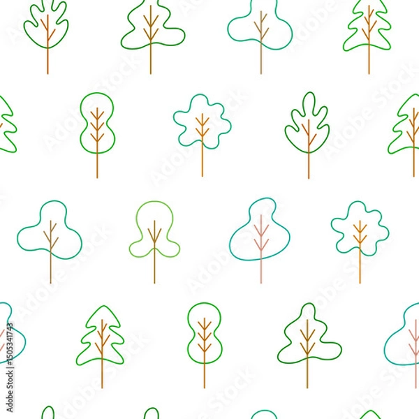 Obraz Green tree vector line art seamless pattern. Wood with leaf natural collection outline style. Simple tree design elements.