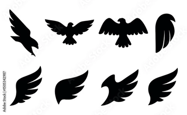 Fototapeta Bird silhouettes and wing designs collection in black on white