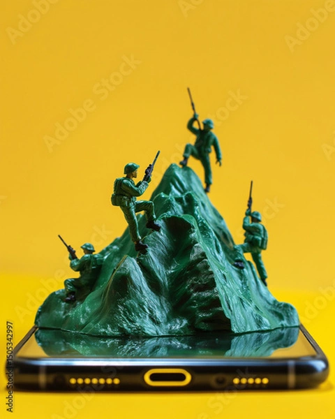 Obraz Plastic Toy Soldiers Climbing a Mountain on Smartphone, Yellow Background Representing Digital Warfare and Modern Conflict. Generative AI