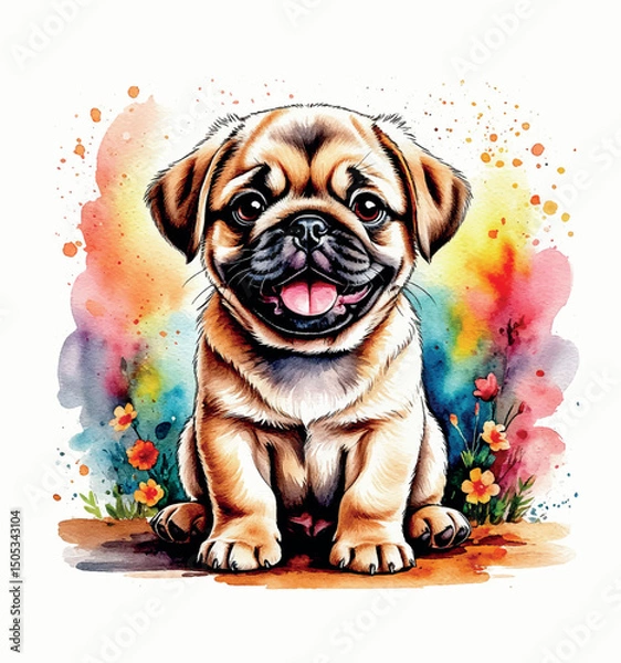 Fototapeta Pug dog watercolor clipart vector painting.Dogs puppy colorful drawing isolated on white background.Canvas mural wall art.T shirt sublimation print,posters, sticker. Sitting mops isolate.
