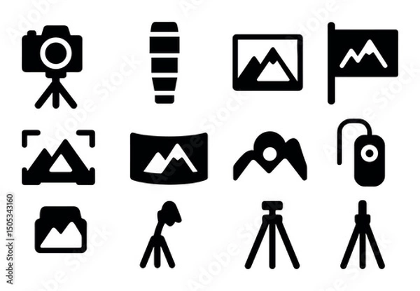Fototapeta Camera and photography icons set: tripods, lenses, frames, flags