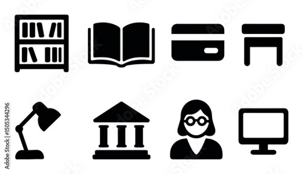 Fototapeta Library icons: bookshelf, open book, card, desk, lamp, building, pc