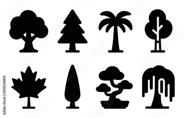 Fototapeta Collection of eight black silhouette tree icons and shapes