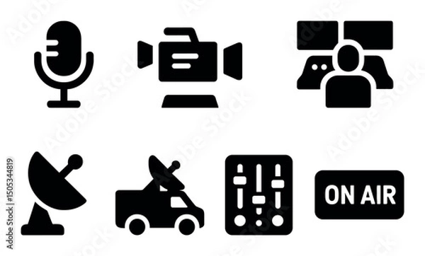 Fototapeta Broadcasting icons: microphone, cameras, satellite, control room