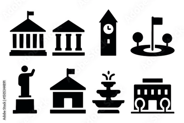 Fototapeta Collection of cityscape icons: buildings, monuments, fountain, park