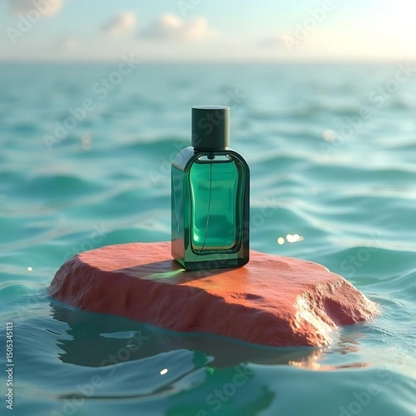 Fototapeta Emerald Elegance: A Luxurious Green Cologne Bottle on Red Sandstone by the Sea