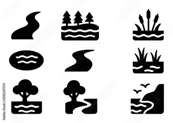 Fototapeta Set of 9 black river and nature scene icons on white background