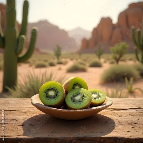 Fototapeta Serenity in the Oasis: Kiwi on Stone Dish in Desert Retreat