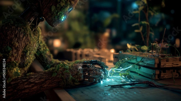 Fototapeta A humanoid engineer grown from tree bark collects data from liana