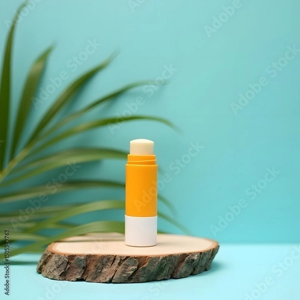 Obraz Bask in the Sun: Sunblock Stick on Tropical Wooden Stand
