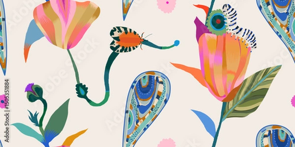Obraz Abstract flower garden with paisley and bugs pattern. Dynamic cute hand drawn botanical print. Fashionable template for design. 