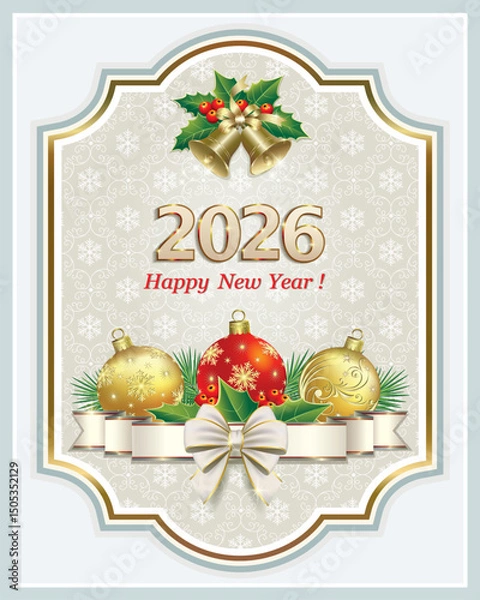 Obraz Happy New Year 2026. Greeting card with Christmas tree balls in figured frame with bells. Holiday background is decorated with fir branches, snowflakes, ribbon and bow. Vector illustration
